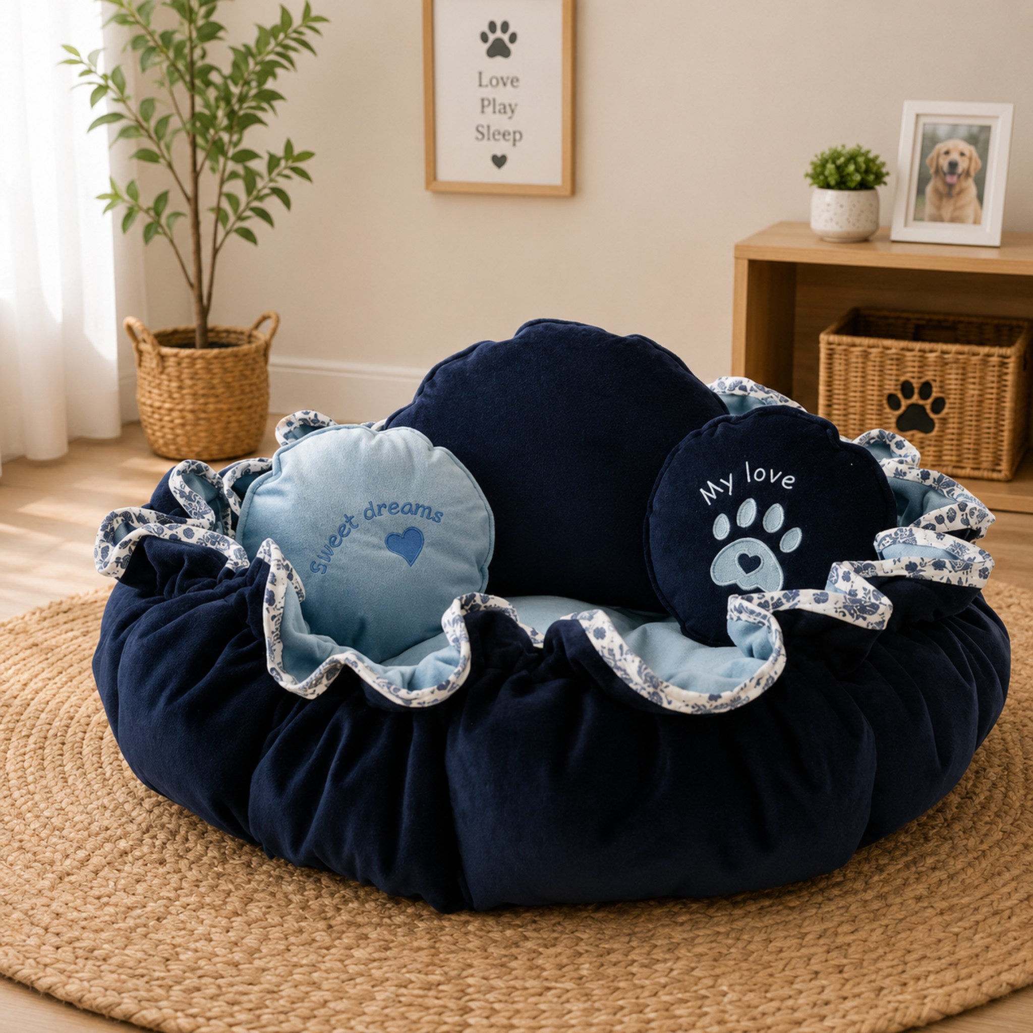 Cuccia Rotonda Lusso Double Face Velluto Blu per Cani